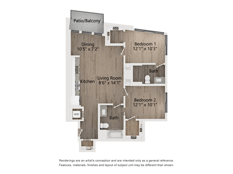 Floor plan for 2 beds, 2 baths, 939 sqft